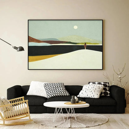 SOLITARY FIGURE IN MINIMALIST LANDSCAPE: Serene Landscape Painting, Horizontal Wall Art | texture detail, palette knife marks visible