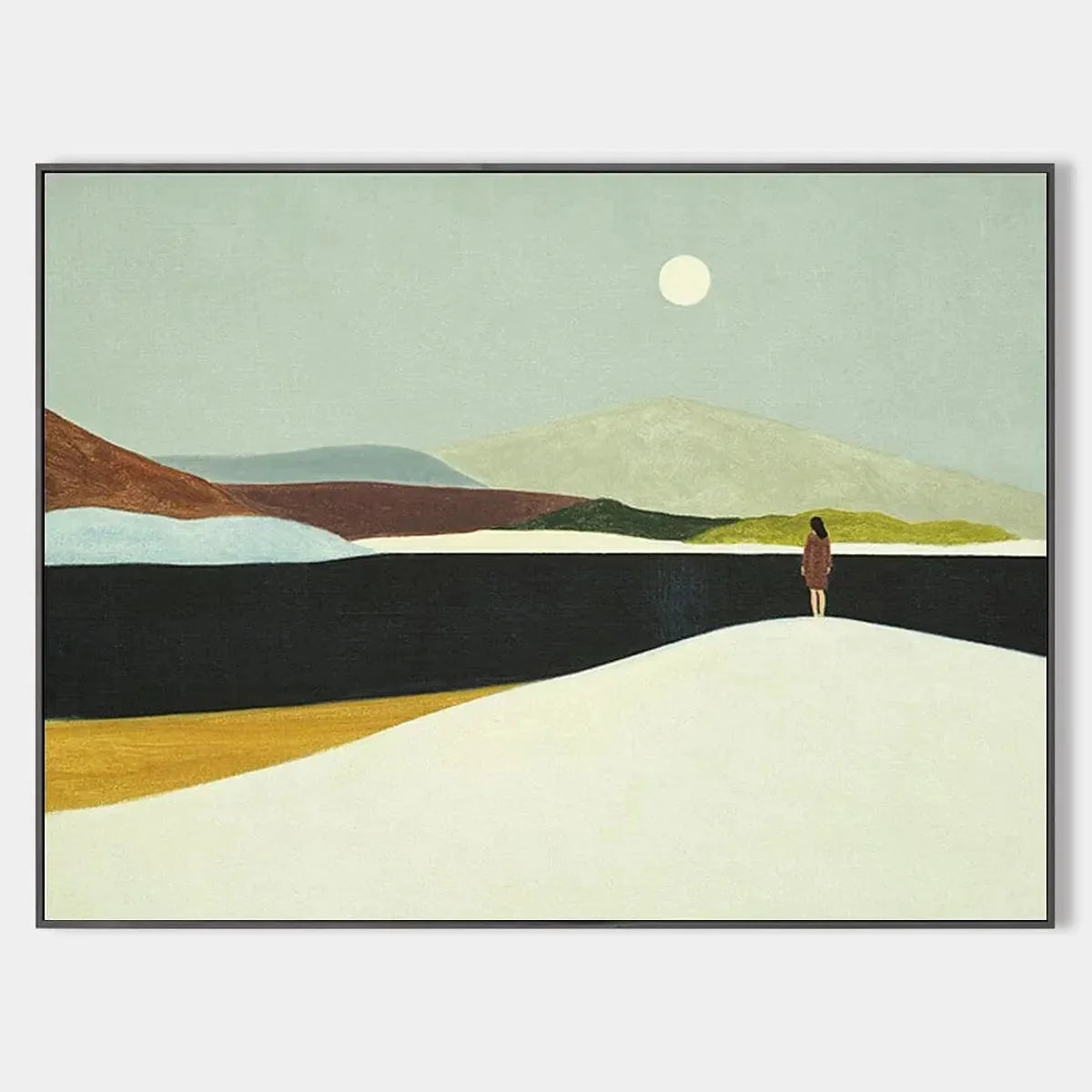 SOLITARY FIGURE IN MINIMALIST LANDSCAPE: Serene Landscape Painting, Horizontal Wall Art | hanging in living room, Landscape wall art