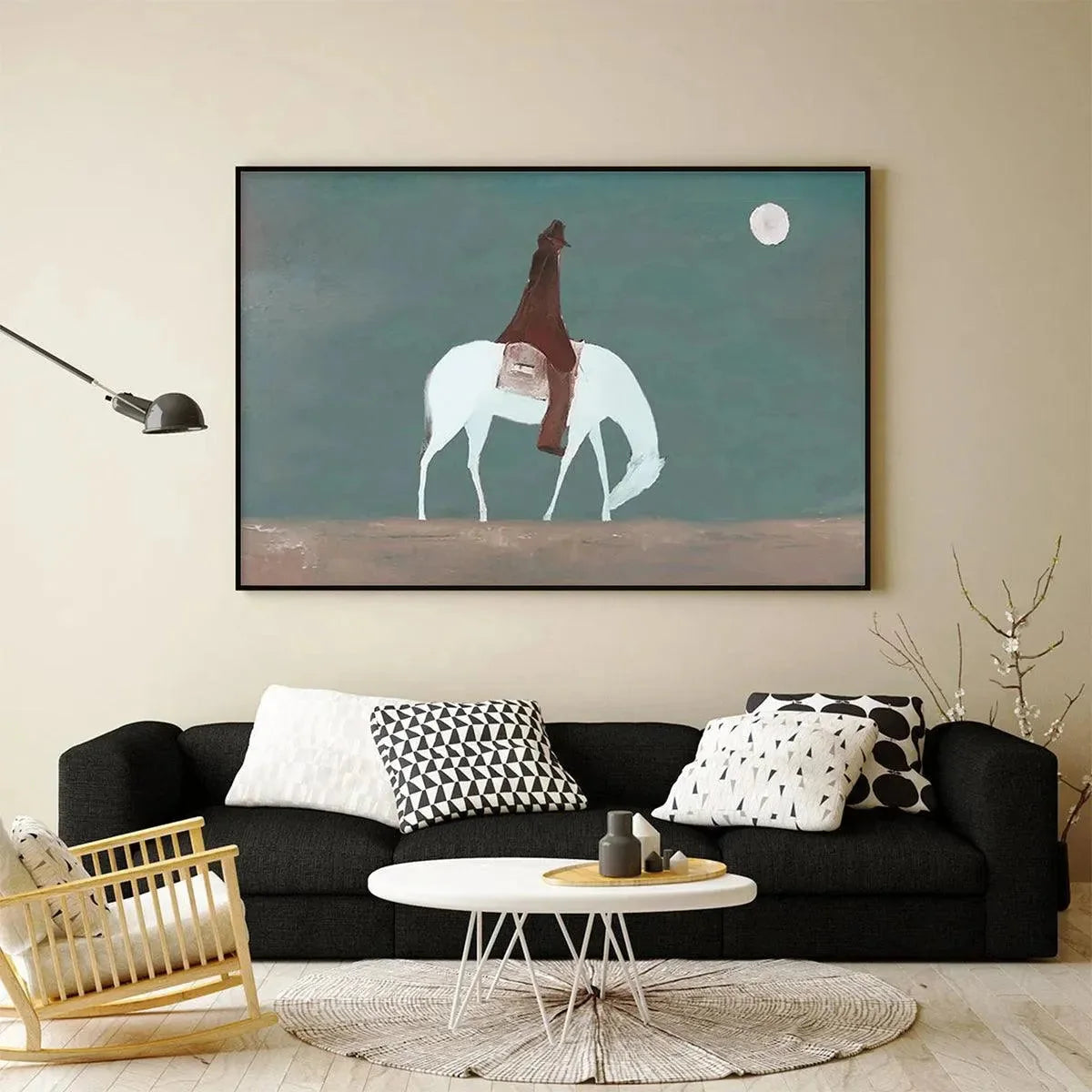 SOLITARY RIDER: Minimalist Horse and Rider Painting, Panoramic Wall Art | Minimalist closeup, raised brushwork detail