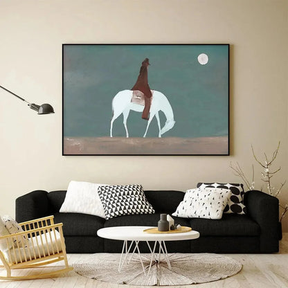 SOLITARY RIDER: Minimalist Horse and Rider Painting, Panoramic Wall Art | Minimalist closeup, raised brushwork detail