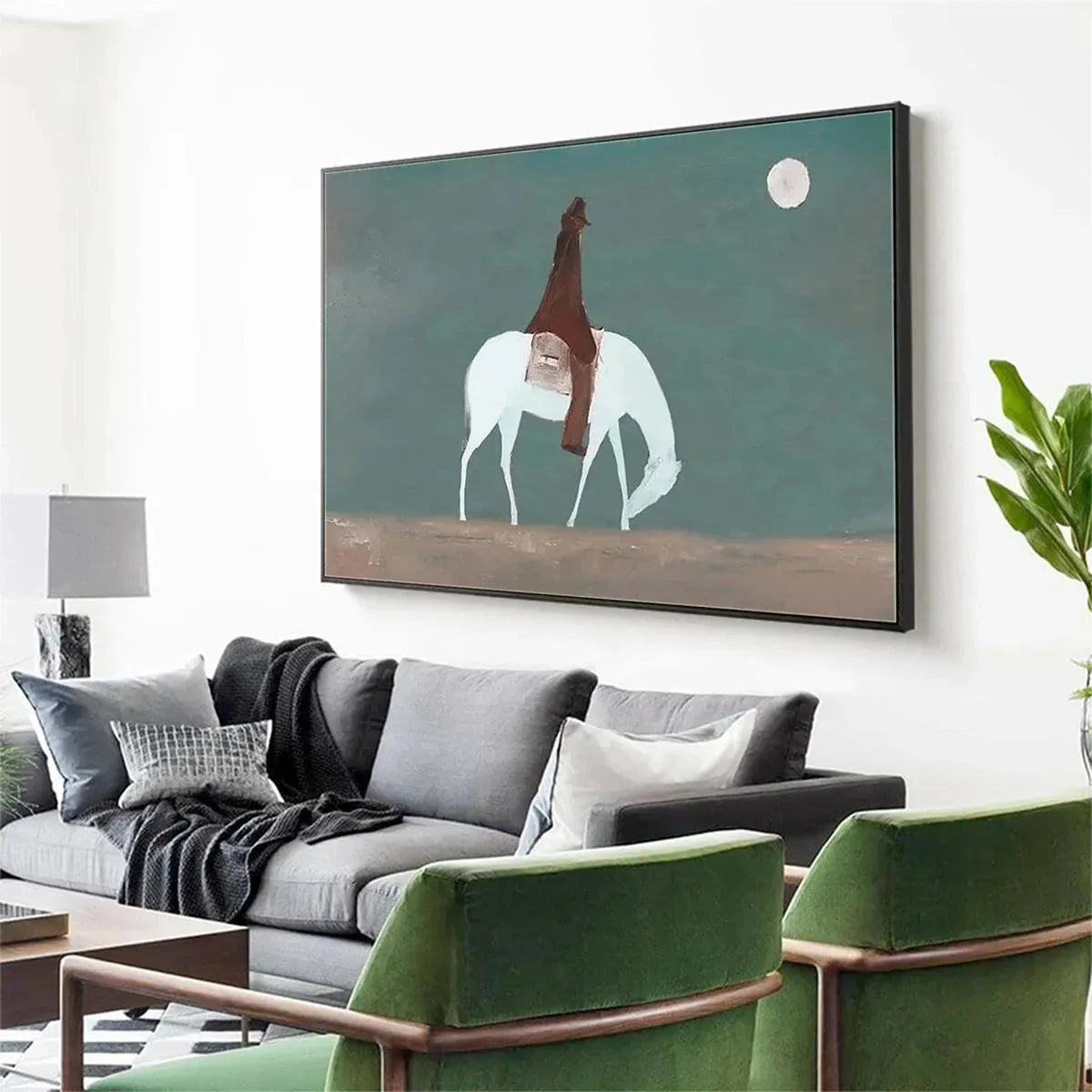 SOLITARY RIDER: Minimalist Horse and Rider Painting, Panoramic Wall Art | gold frame stretched on neutral wall