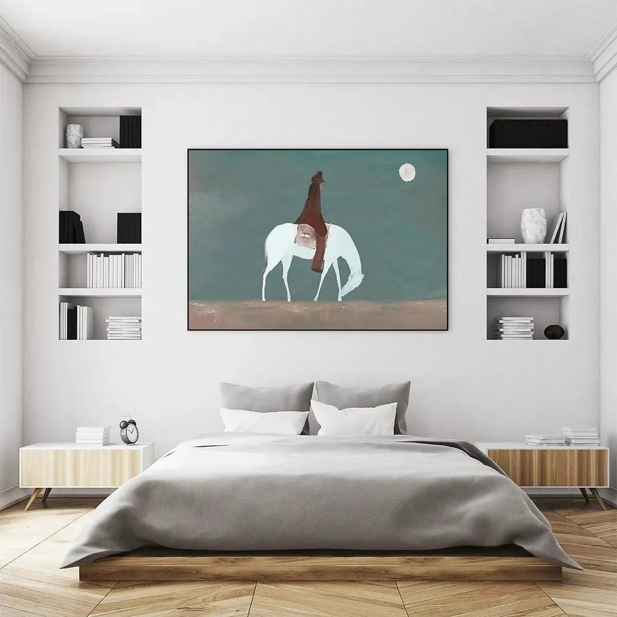 SOLITARY RIDER: Minimalist Horse and Rider Painting, Panoramic Wall Art | rolled canvas, ready for custom framing