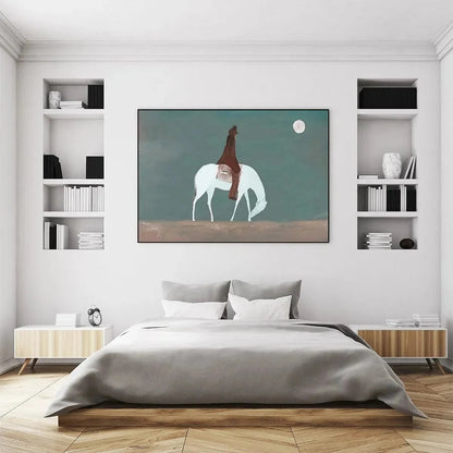 SOLITARY RIDER: Minimalist Horse and Rider Painting, Panoramic Wall Art | rolled canvas, ready for custom framing