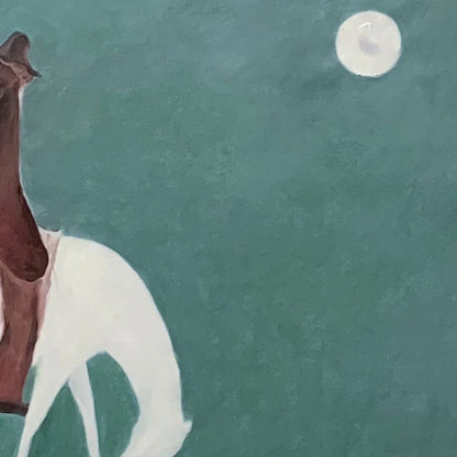 SOLITARY RIDER: Minimalist Horse and Rider Painting, Panoramic Wall Art | black frame version on white wall