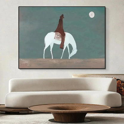 SOLITARY RIDER: Minimalist Horse and Rider Painting, Panoramic Wall Art | multi-color palette, original oil on stretched canvas art