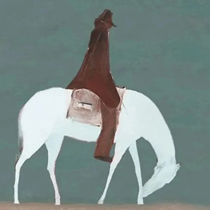 SOLITARY RIDER: Minimalist Horse and Rider Painting, Panoramic Wall Art | texture detail, palette knife marks visible