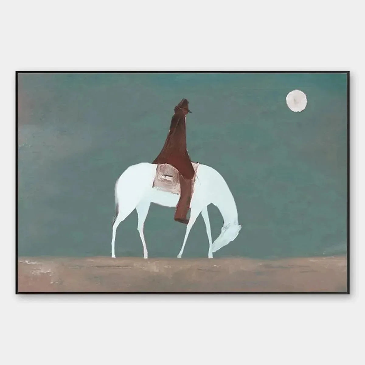 SOLITARY RIDER: Minimalist Horse and Rider Painting, Panoramic Wall Art | hanging in living room, Minimalist wall art