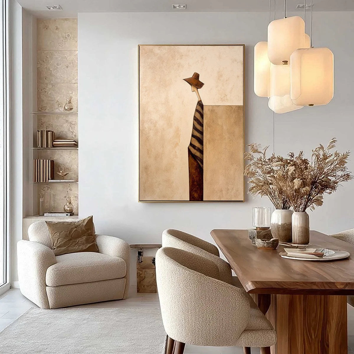 SOLITUDE: Minimalist Figurative Painting in Earthy Tones | gold frame stretched on neutral wall