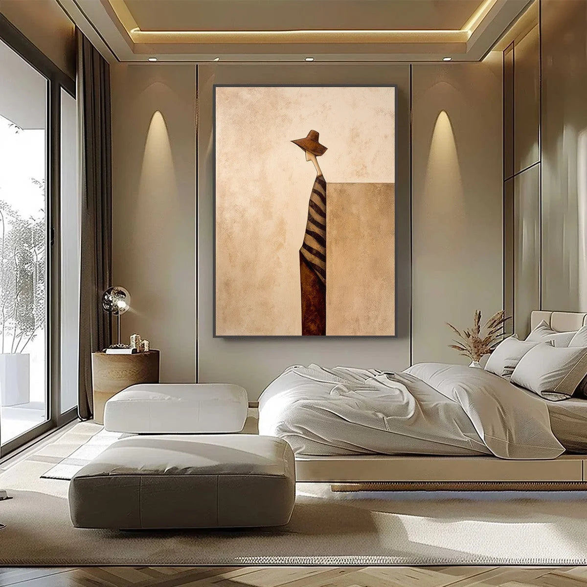 SOLITUDE: Minimalist Figurative Painting in Earthy Tones | black frame version on white wall