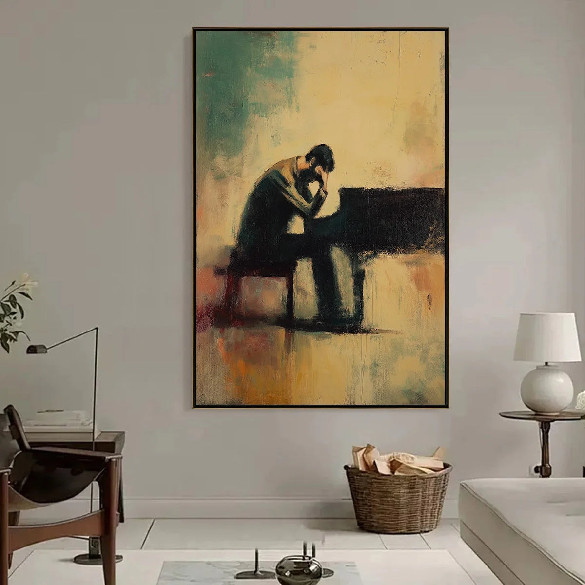 SOLITUDE SONATA: Expressive Figurative Piano Oil Painting | expressive figurative closeup, raised brushwork detail