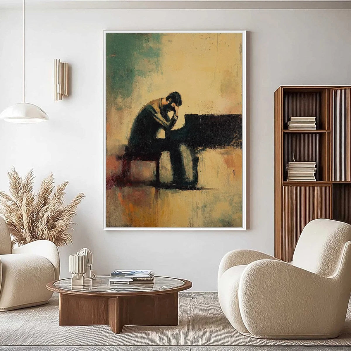 SOLITUDE SONATA: Expressive Figurative Piano Oil Painting | gold frame stretched on neutral wall