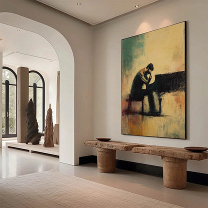 SOLITUDE SONATA: Expressive Figurative Piano Oil Painting | rolled canvas, ready for custom framing