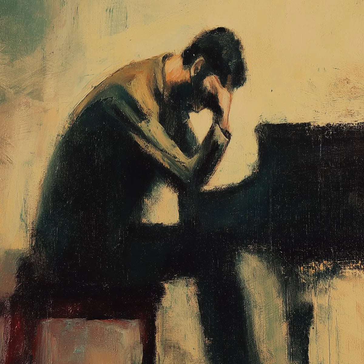 SOLITUDE SONATA: Expressive Figurative Piano Oil Painting | black frame version on white wall