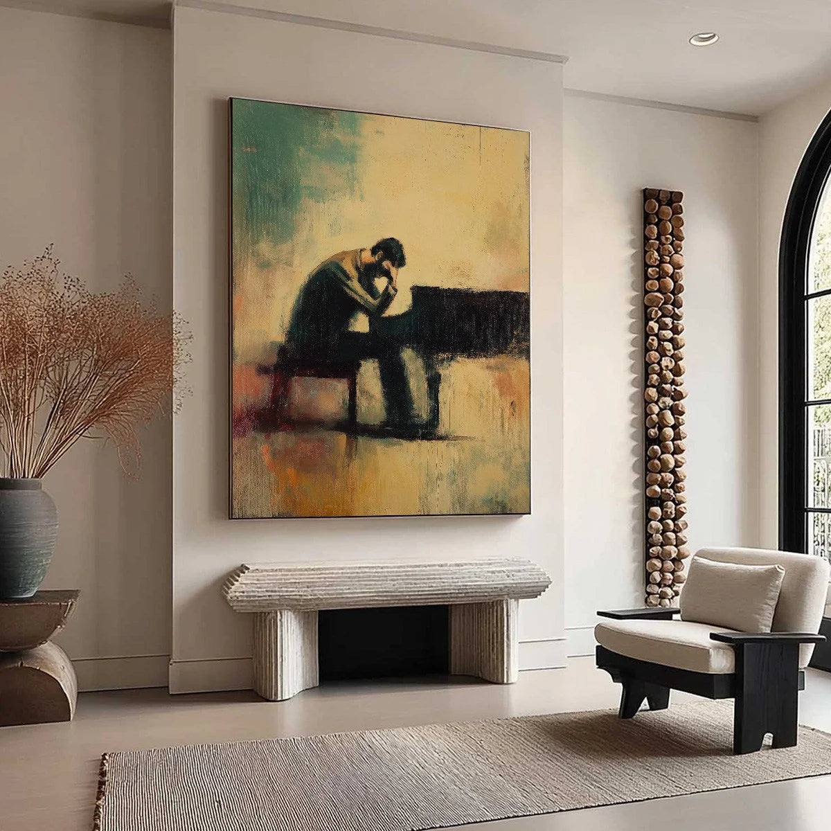 SOLITUDE SONATA: Expressive Figurative Piano Oil Painting | texture detail, palette knife marks visible