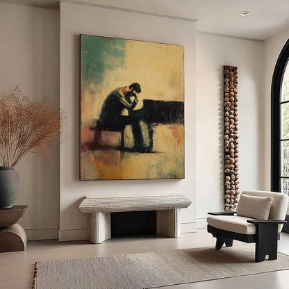 SOLITUDE SONATA: Expressive Figurative Piano Oil Painting | texture detail, palette knife marks visible