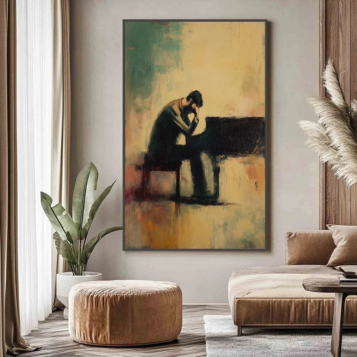 SOLITUDE SONATA: Expressive Figurative Piano Oil Painting | hanging in living room, expressive figurative wall art