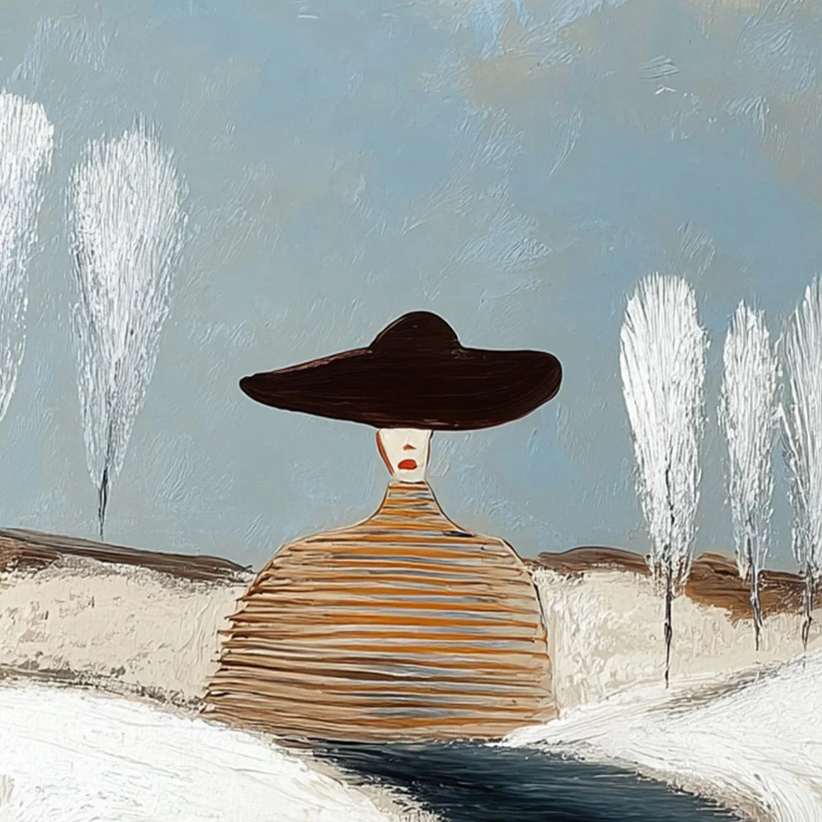 SOLITUDE: Textured Figurative Painting of a Woman in a Winterscape | rectangular format, hand-painted canvas edge