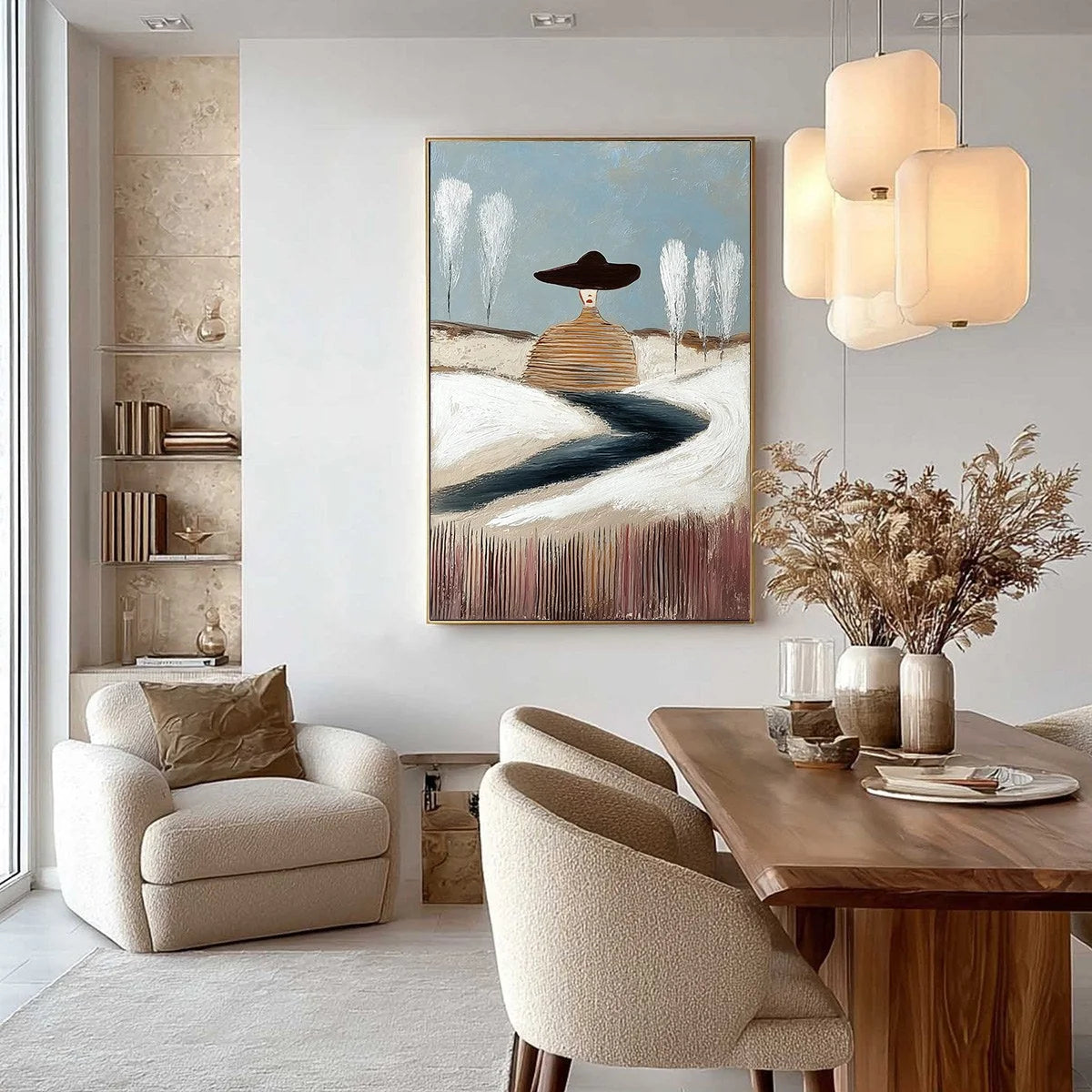 SOLITUDE: Textured Figurative Painting of a Woman in a Winterscape | gold frame stretched on neutral wall