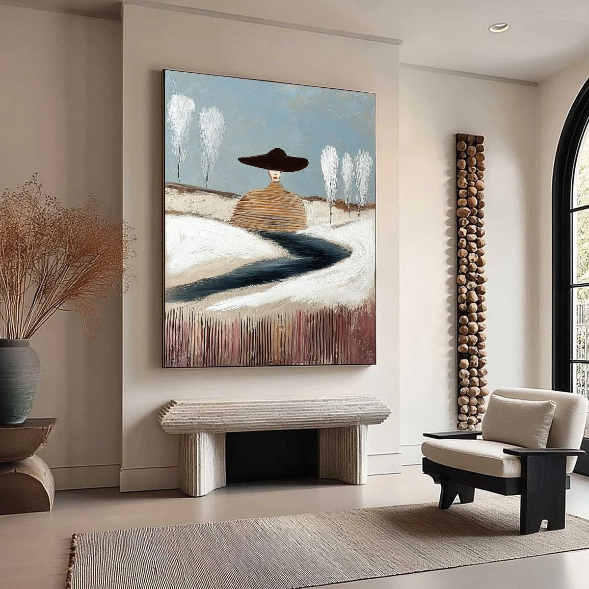 SOLITUDE: Textured Figurative Painting of a Woman in a Winterscape | multi-color palette, original oil on stretched canvas art