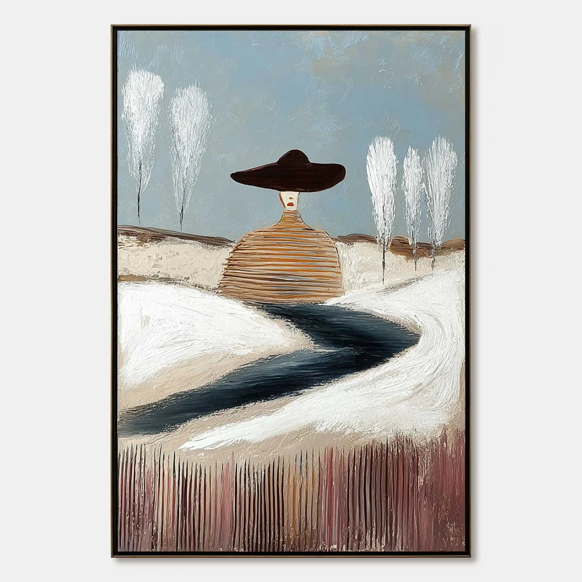 SOLITUDE: Textured Figurative Painting of a Woman in a Winterscape | hanging in living room, Figurative wall art