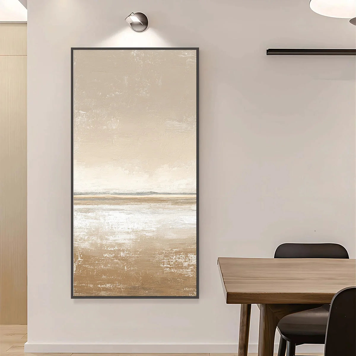 SOLITUDE: Textured Minimalist Wabi Sabi Seascape | gold frame stretched on neutral wall