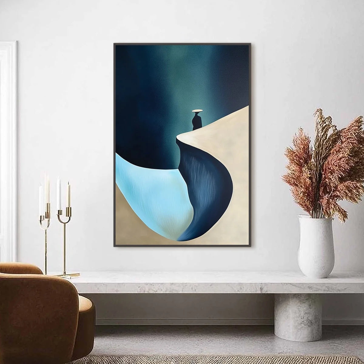 SOLITUDE'S EDGE: Minimalist Abstract Landscape with Figure Painting | Minimalist closeup, raised brushwork detail