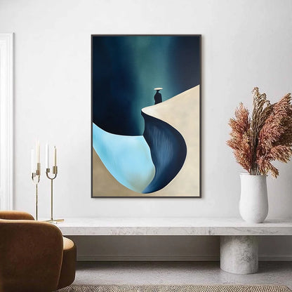 SOLITUDE'S EDGE: Minimalist Abstract Landscape with Figure Painting | Minimalist closeup, raised brushwork detail
