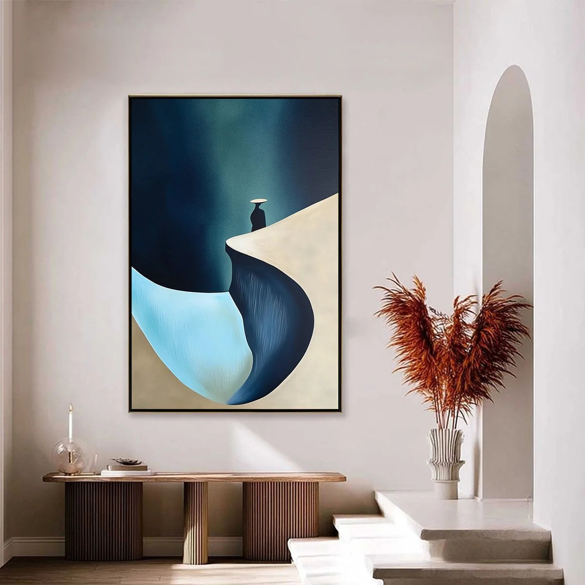 SOLITUDE'S EDGE: Minimalist Abstract Landscape with Figure Painting | gold frame stretched on neutral wall