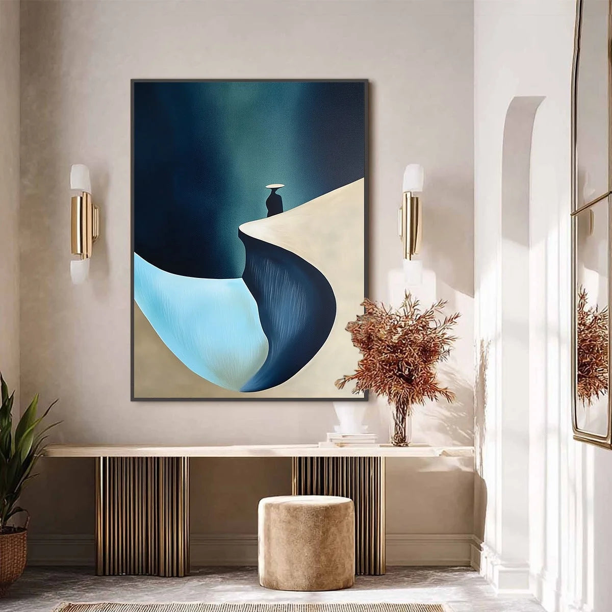SOLITUDE'S EDGE: Minimalist Abstract Landscape with Figure Painting | black frame version on white wall
