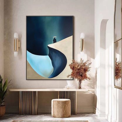SOLITUDE'S EDGE: Minimalist Abstract Landscape with Figure Painting | black frame version on white wall
