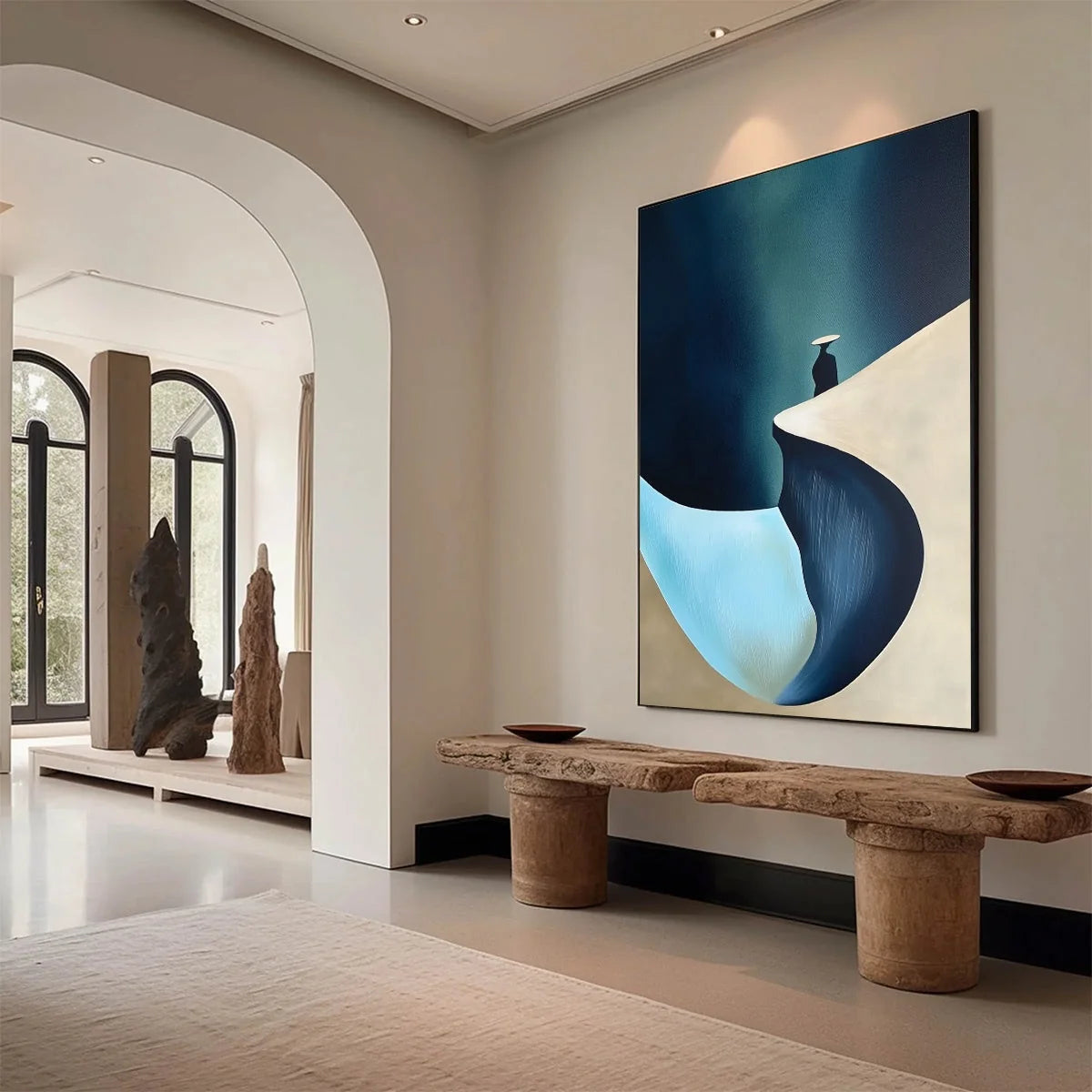 SOLITUDE'S EDGE: Minimalist Abstract Landscape with Figure Painting | Minimalist mood, soft natural light studio shot