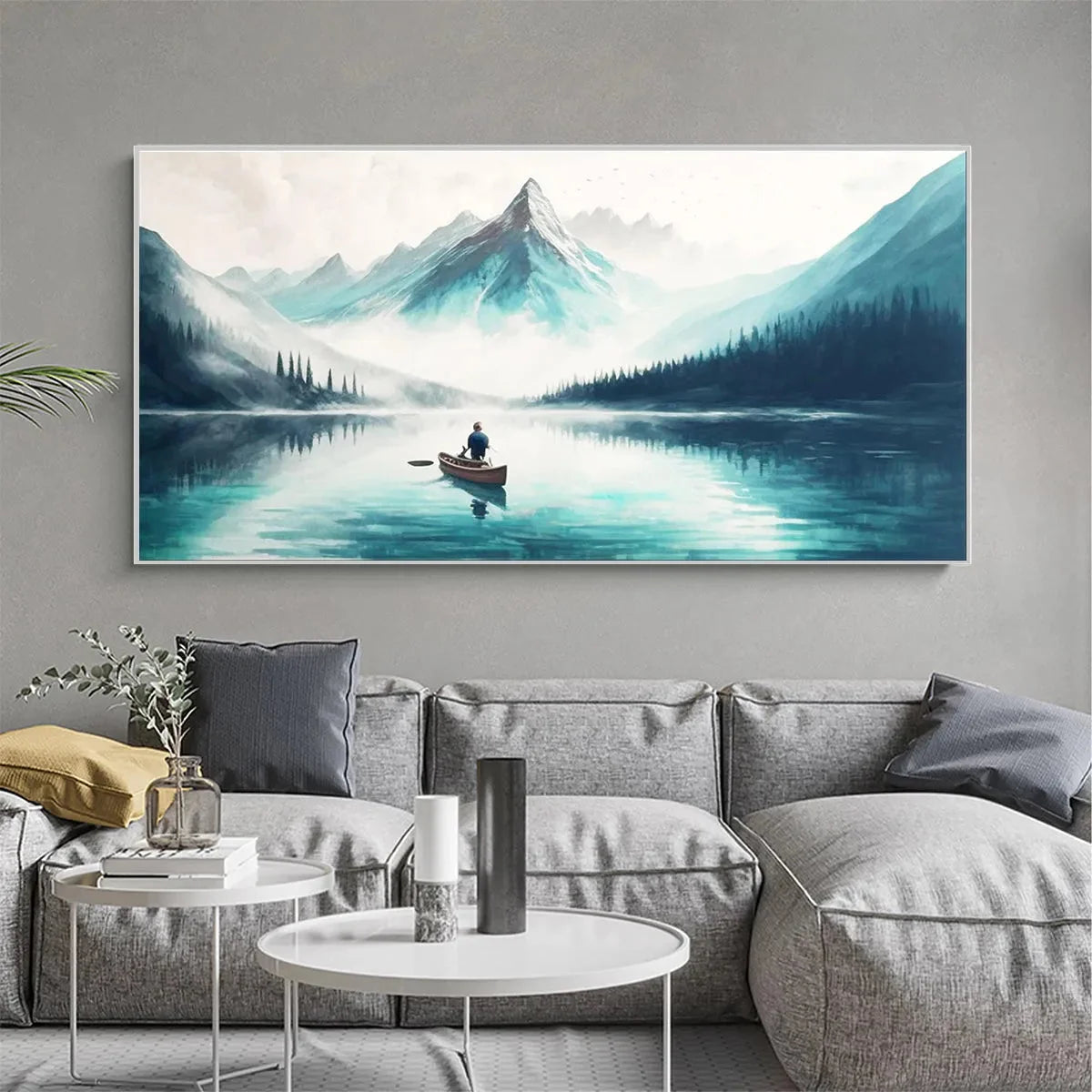 SOLITUDE'S EMBRACE: Panoramic Lake and Mountain Landscape Oil Painting with Canoe | Landscape closeup, raised brushwork detail