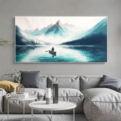 SOLITUDE'S EMBRACE: Panoramic Lake and Mountain Landscape Oil Painting with Canoe | Landscape closeup, raised brushwork detail