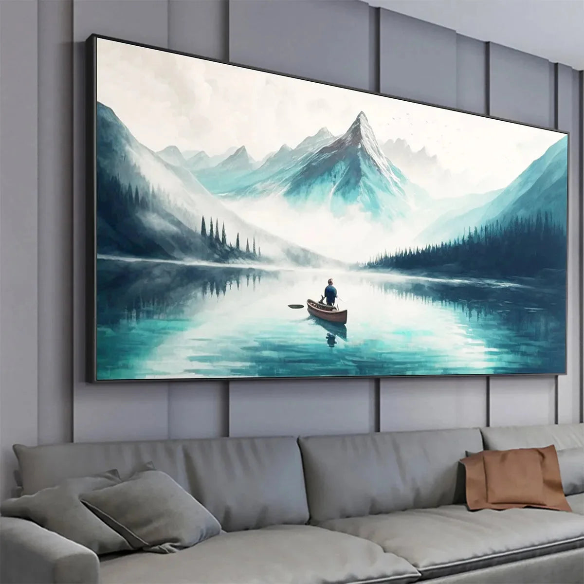 SOLITUDE'S EMBRACE: Panoramic Lake and Mountain Landscape Oil Painting with Canoe | rectangular format, hand-painted canvas edge