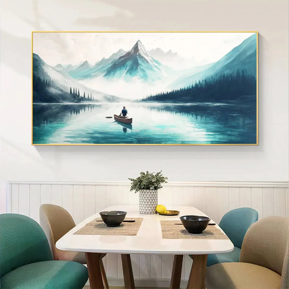 SOLITUDE'S EMBRACE: Panoramic Lake and Mountain Landscape Oil Painting with Canoe | gold frame stretched on neutral wall
