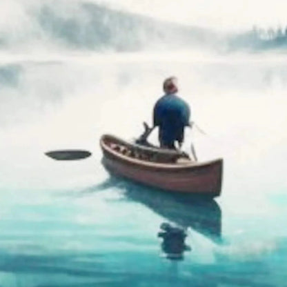 SOLITUDE'S EMBRACE: Panoramic Lake and Mountain Landscape Oil Painting with Canoe | rolled canvas, ready for custom framing