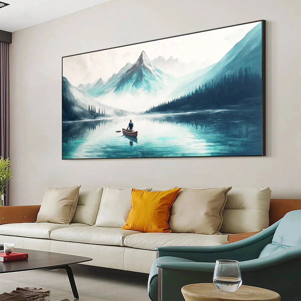 SOLITUDE'S EMBRACE: Panoramic Lake and Mountain Landscape Oil Painting with Canoe | black frame version on white wall