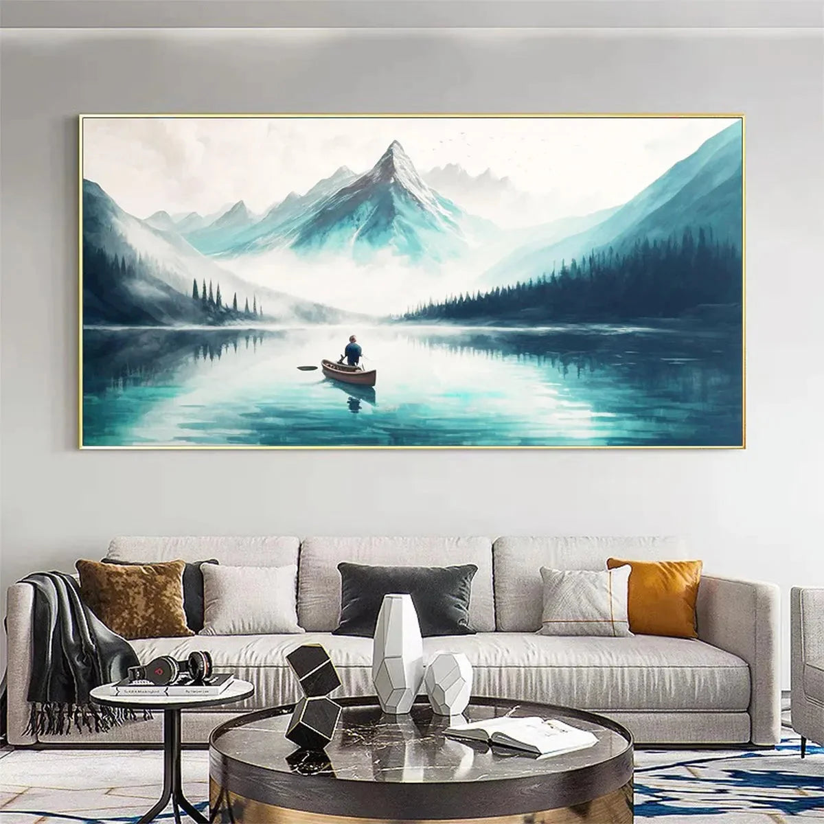 SOLITUDE'S EMBRACE: Panoramic Lake and Mountain Landscape Oil Painting with Canoe | Landscape mood, soft natural light studio shot