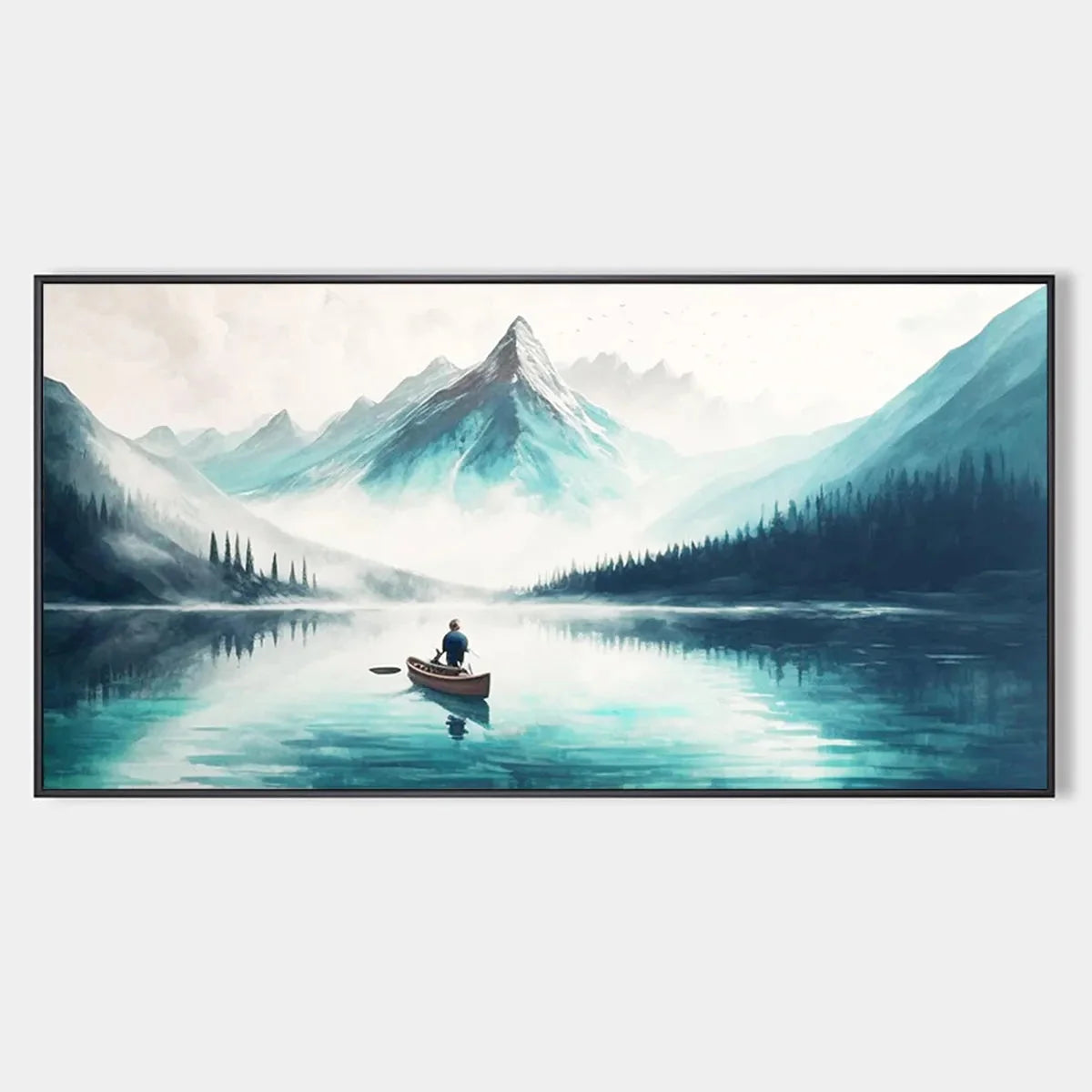 SOLITUDE'S EMBRACE: Panoramic Lake and Mountain Landscape Oil Painting with Canoe | hanging in living room, Landscape wall art