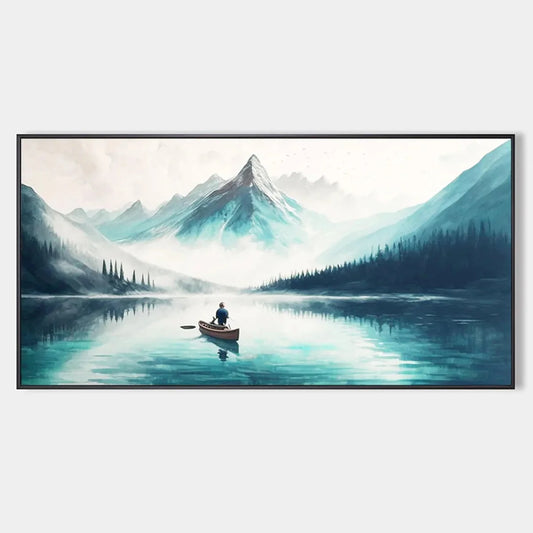 SOLITUDE'S EMBRACE: Panoramic Lake and Mountain Landscape Oil Painting with Canoe | hanging in living room, Landscape wall art
