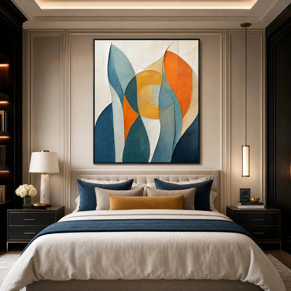 SOLSTICE: Textured Geometric Abstract Oil Painting | gold frame stretched on neutral wall