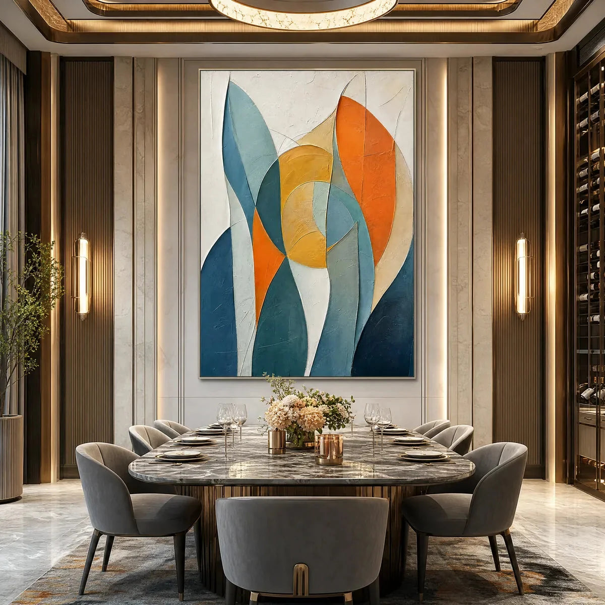 SOLSTICE: Textured Geometric Abstract Oil Painting | black frame version on white wall