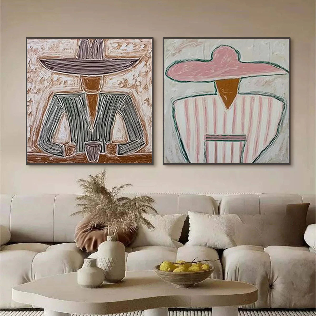 SOMBRERO DUET: Textured Figurative Portrait Diptych | Figurative closeup, raised brushwork detail