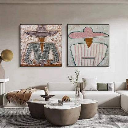 SOMBRERO DUET: Textured Figurative Portrait Diptych | gold frame stretched on neutral wall