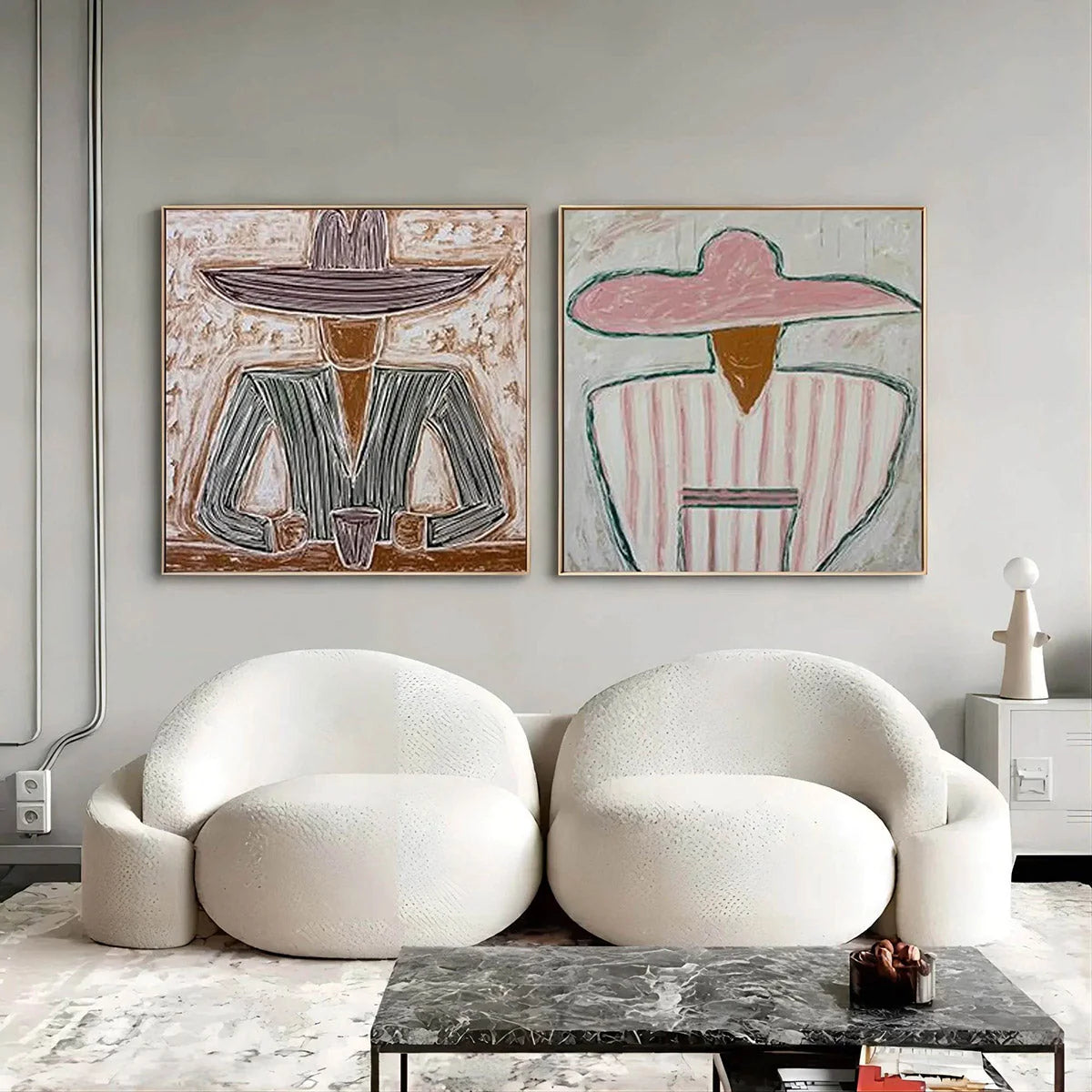 SOMBRERO DUET: Textured Figurative Portrait Diptych | black frame version on white wall