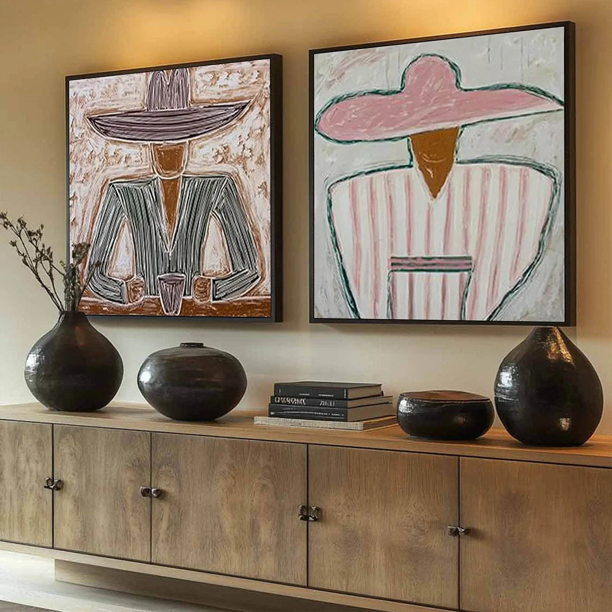 SOMBRERO DUET: Textured Figurative Portrait Diptych | Figurative mood, soft natural light studio shot