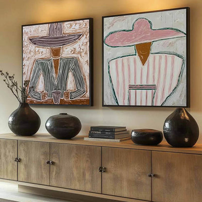 SOMBRERO DUET: Textured Figurative Portrait Diptych | Figurative mood, soft natural light studio shot