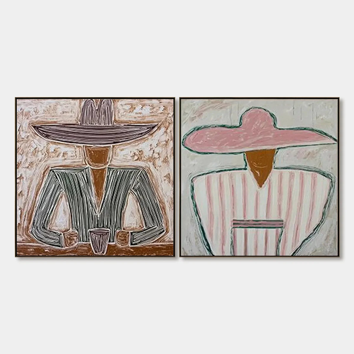 SOMBRERO DUET: Textured Figurative Portrait Diptych | hanging in living room, Figurative wall art