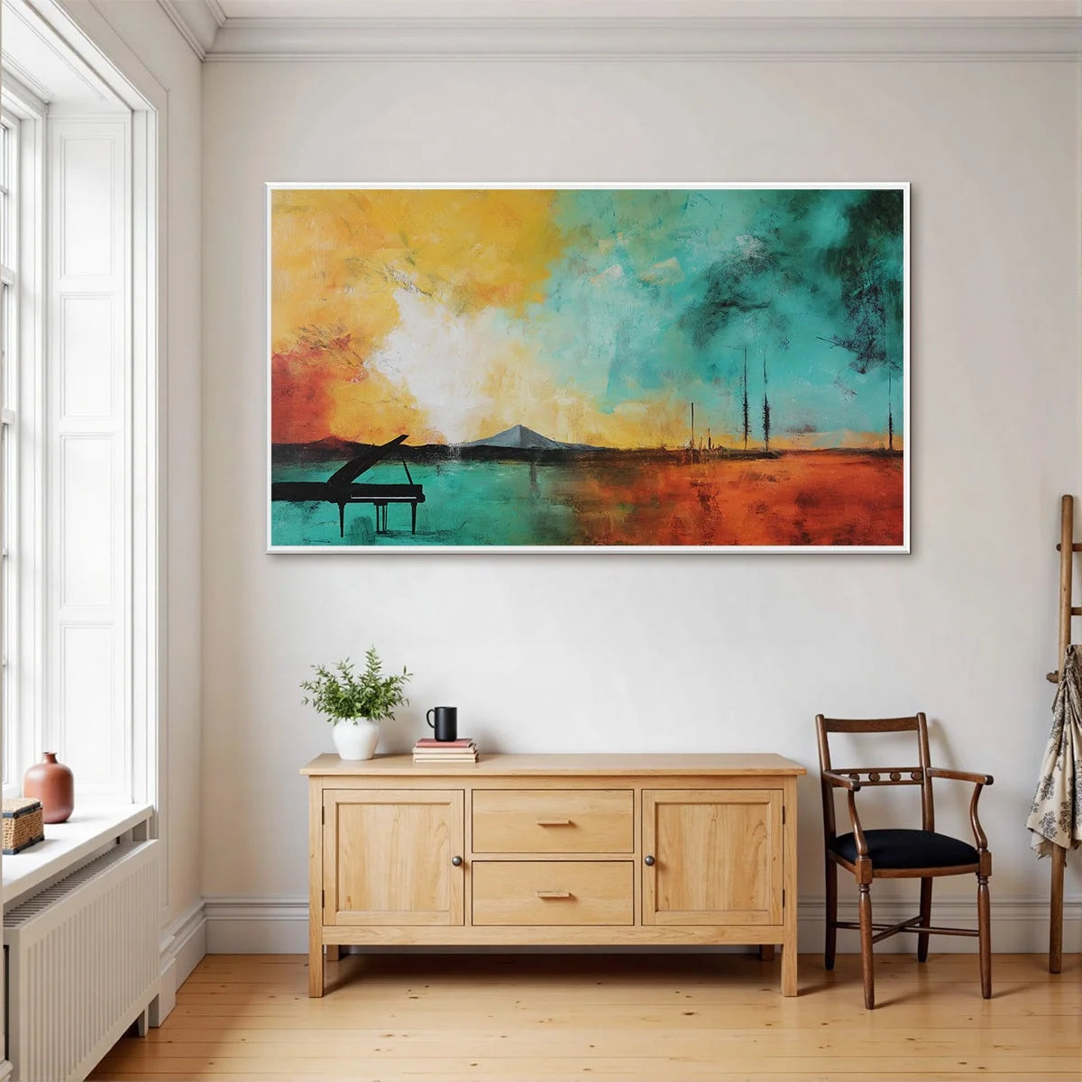 SONATA HORIZON: Vibrant Abstract Landscape Oil Painting | gold frame stretched on neutral wall