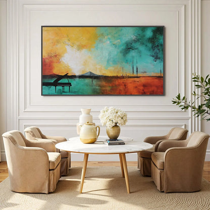 SONATA HORIZON: Vibrant Abstract Landscape Oil Painting | black frame version on white wall